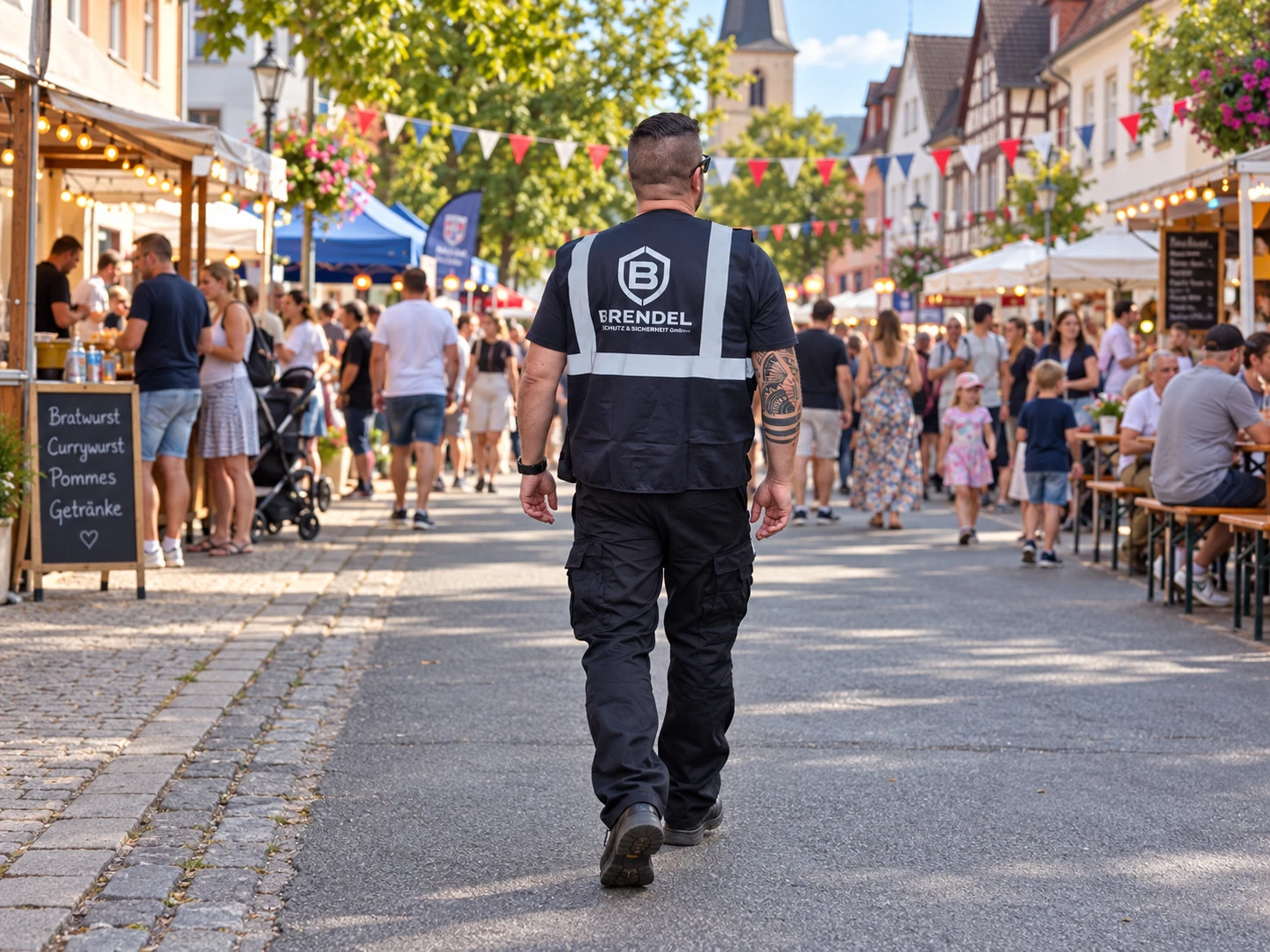 Sicherheitsmitarbeiter auf Kontrollgang bei einem Straßenfest – bearbeitete Illustration