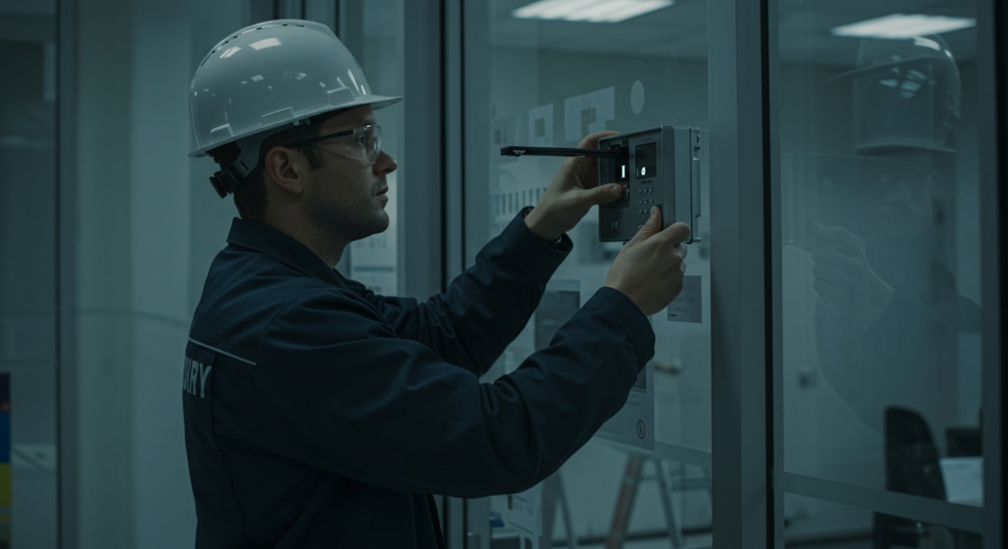 Techniker bedient Zugangskontrollpanel an Glastür.